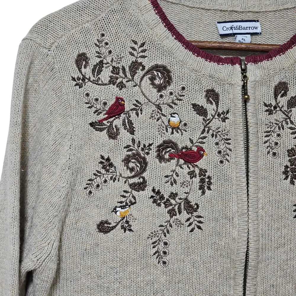 Croft & Barrow Sweater Cardigan Womens Size LP Full Zip Embroidered Birds Granny